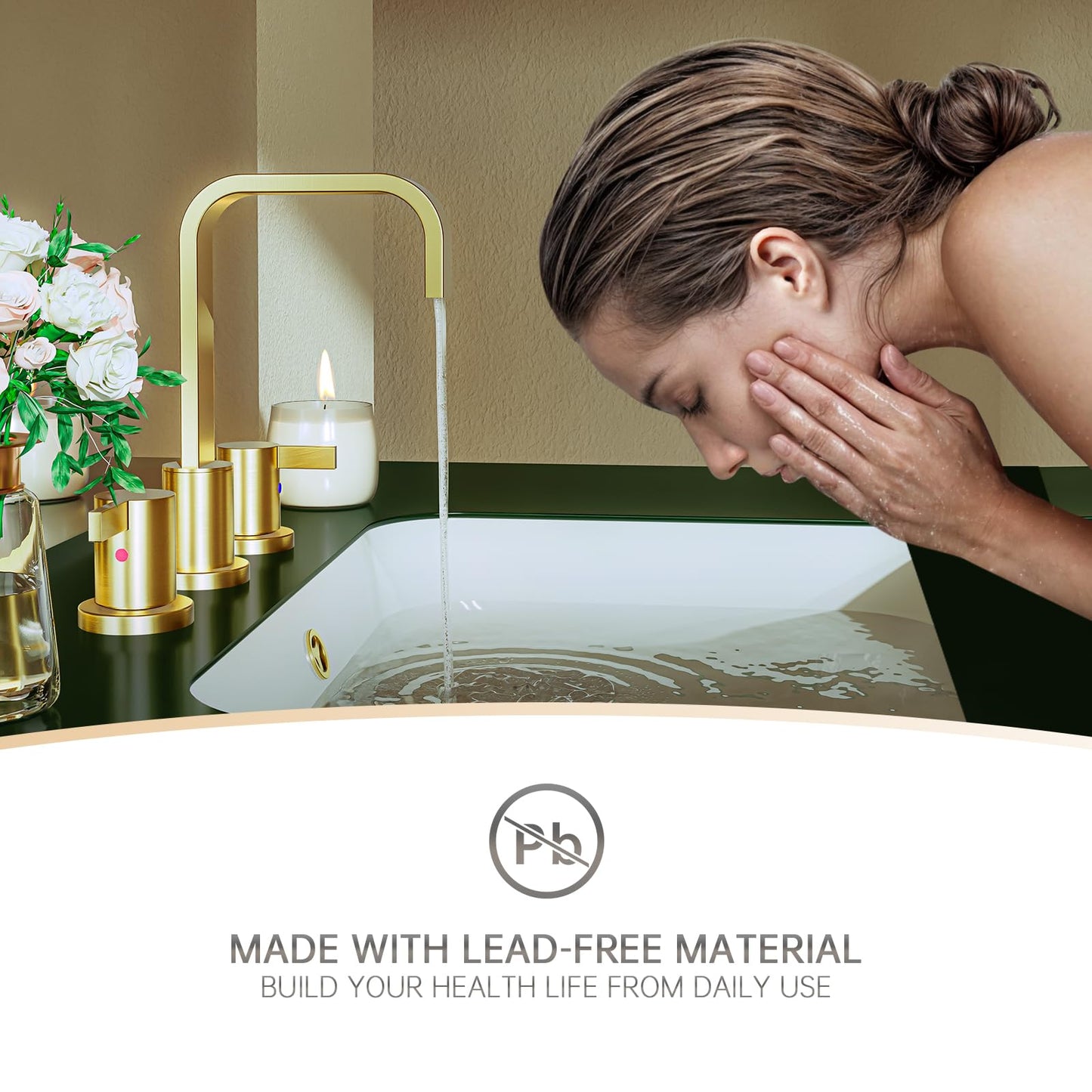 Phiestina Brushed Gold 8 Inch 3 Hole 2 Handle Waterfall Widespread Bathroom Sink Faucet, Bathroom Faucet with Metal Pop Up Drain and Water Supply Line, WF040B-1-BG