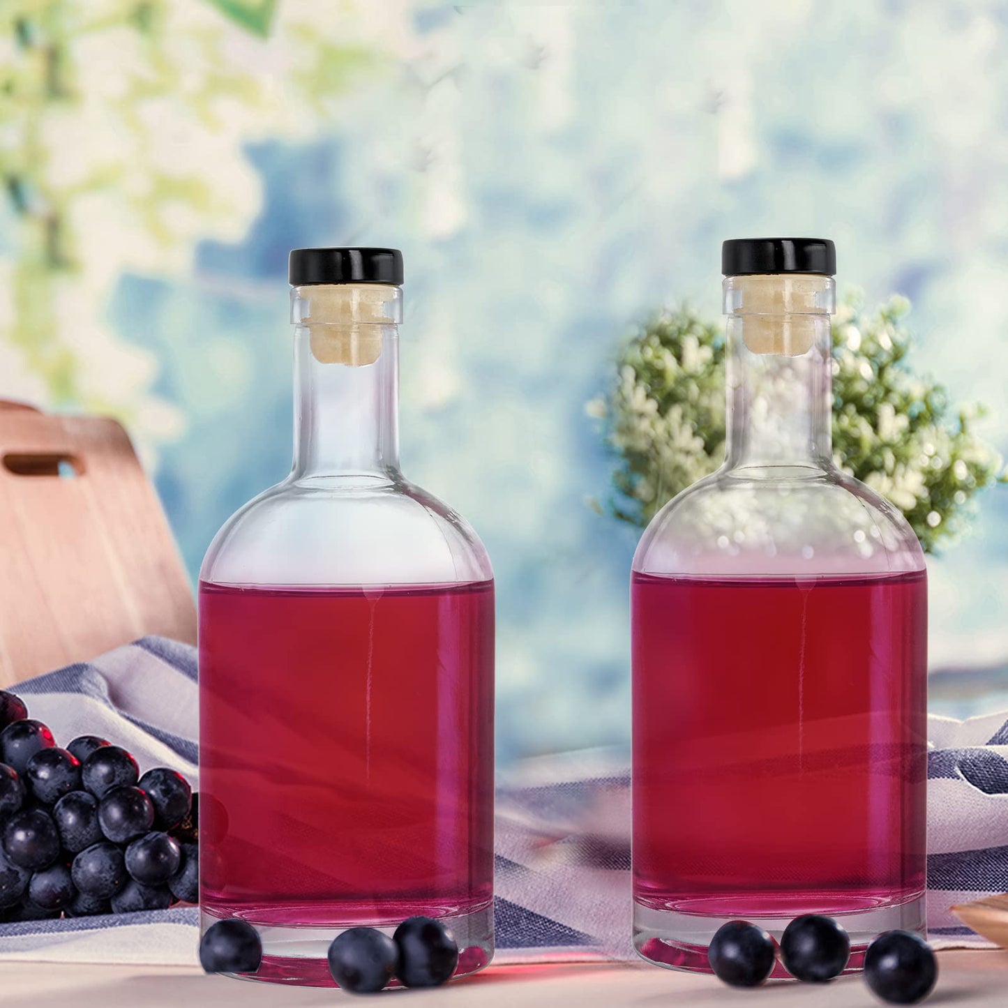 Hacaroa Set of 6 Glass Liquor Bottles with T-Top Caps, 12 Oz Clear Bordeaux Wine Bottles, Heavy Base Vodka Bottles Home Brewing Bottles for Kombucha, Beverages, Juice, Oils