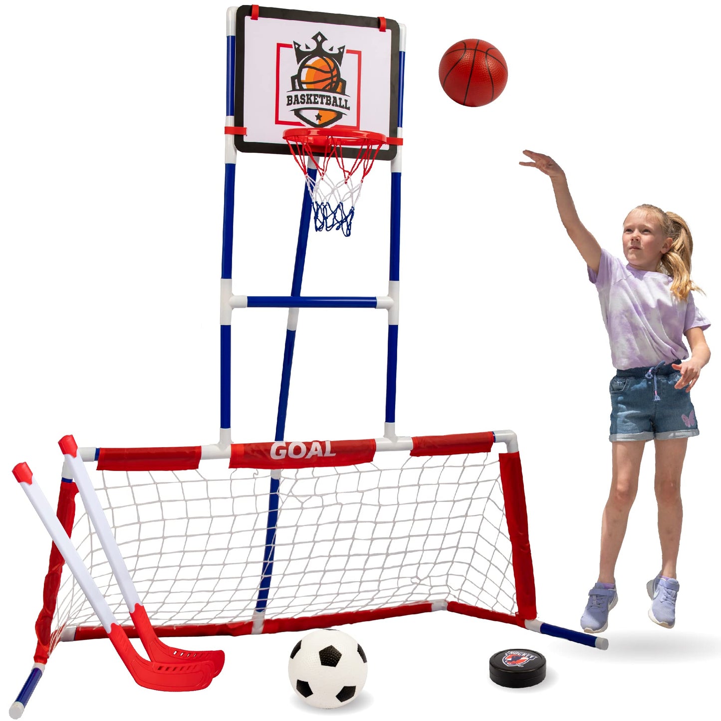 Island Genius 3 in 1 Sports Center for Kids Outdoor Toys for Kids Toddler Ages 3 4 5 6 7 8 Years Old | Basketball Hoop, Soccer Goal, and Hockey