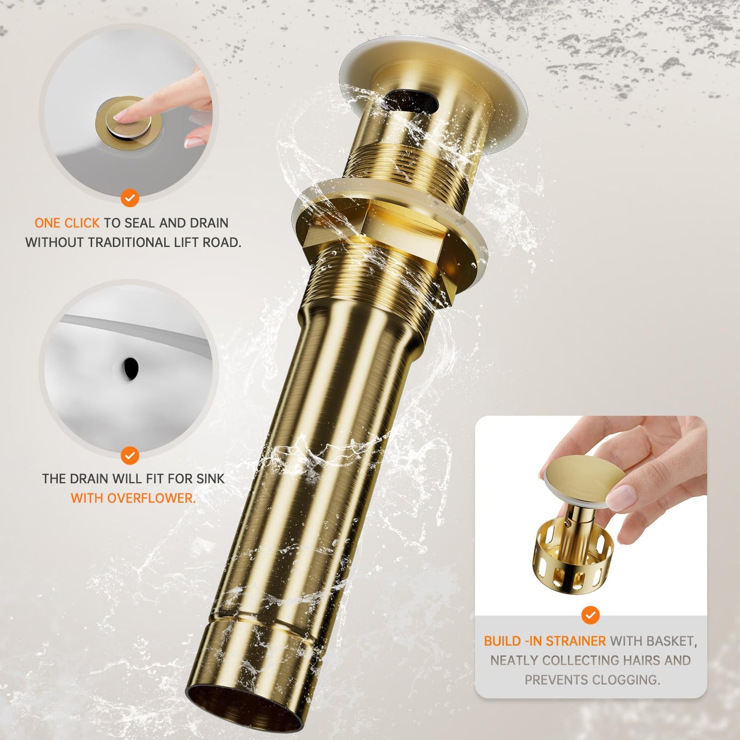 Phiestina Brushed Gold 8 Inch 3 Hole 2 Handle Waterfall Widespread Bathroom Sink Faucet, Bathroom Faucet with Metal Pop Up Drain and Water Supply Line, WF040B-1-BG