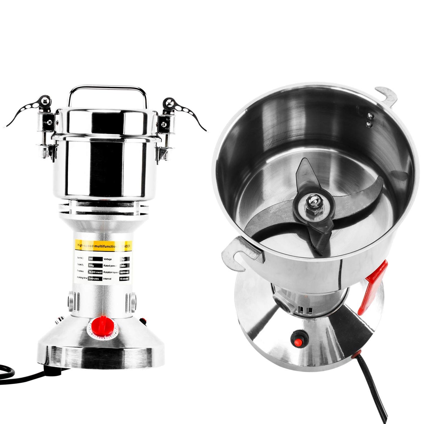 Homend High Speed 350g Electric Grain Mill Grinder Powder Machine Spice Herb Grinder 1500W 70-300 Mesh 28000RPM Stainless Steel Commercial Grade for Kitchen Herb Spice Pepper Coffee (350g)