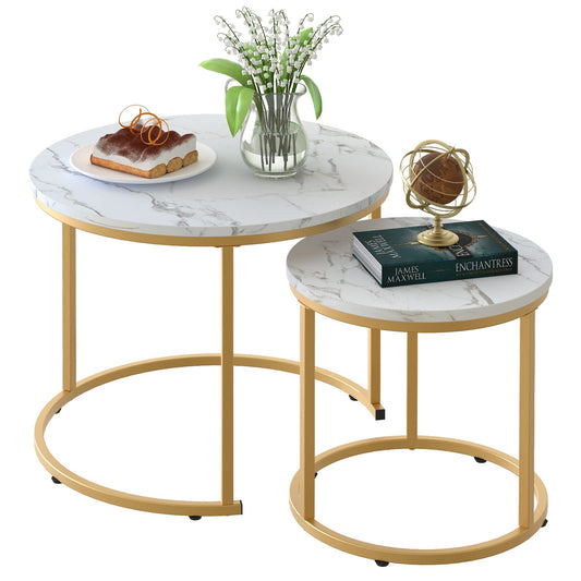 aboxoo Coffee Table Nesting White Set of 2 Side Set Golden Frame Circular Round and Marble Pattern Wooden Tables, Living Room Bedroom Apartment Modern