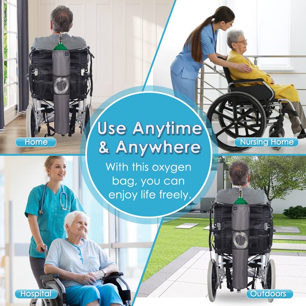 Oxygen Tank Holder for Wheelchair Medical Oxygen Cylinder Portable Backpack O2 Carrier to Hang on Back for Walker Scooter D & E Canisters Transport Bag for Travel, Home, Hospital (Gray)