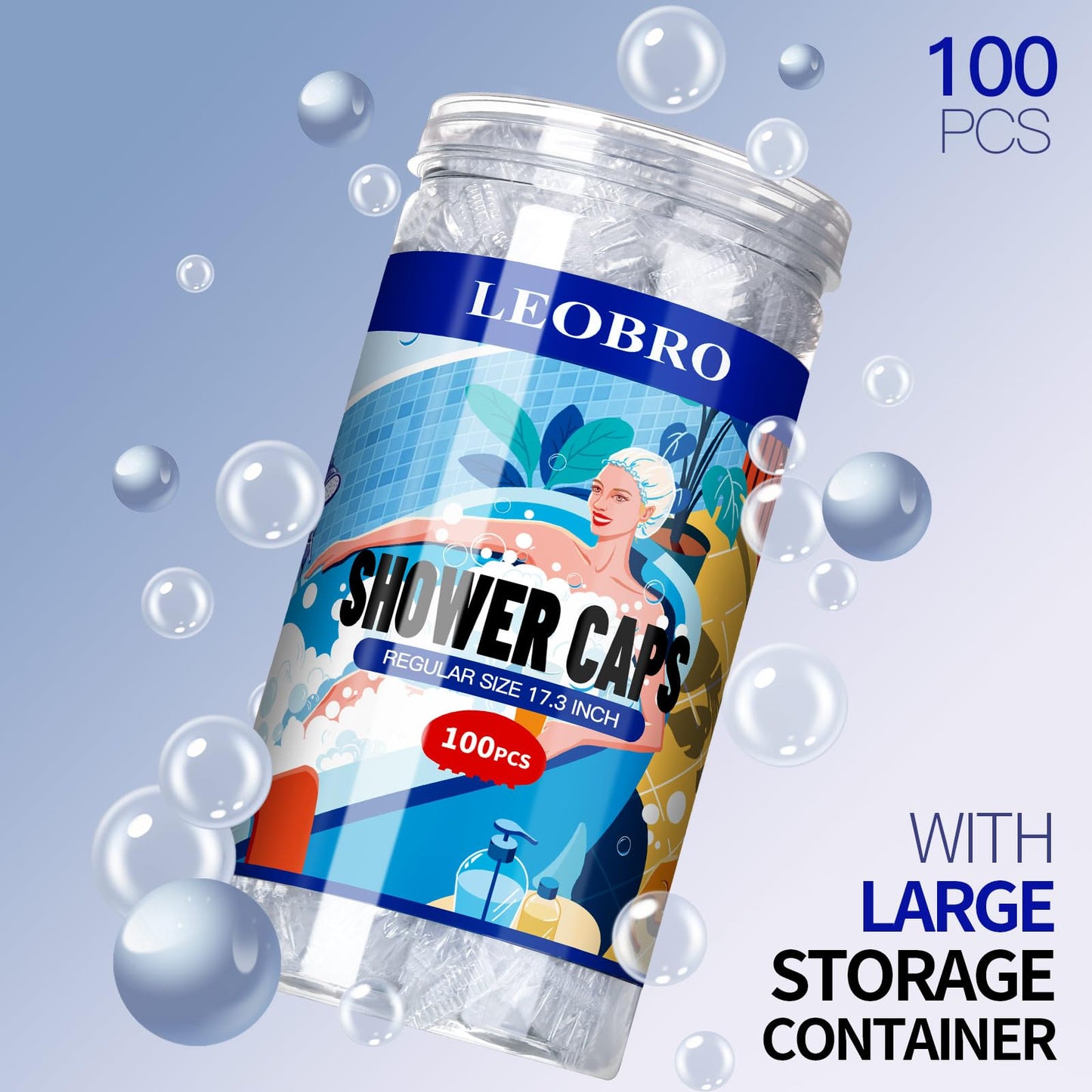 LEOBRO Disposable Shower Caps, 100PCS Shower Caps, Shower Cap for Women Waterproof, Disposable Clear Plastic Shower Cap for Women, Thick Plastic Caps for Hair Treatment, Regular Size 17.3 INCH