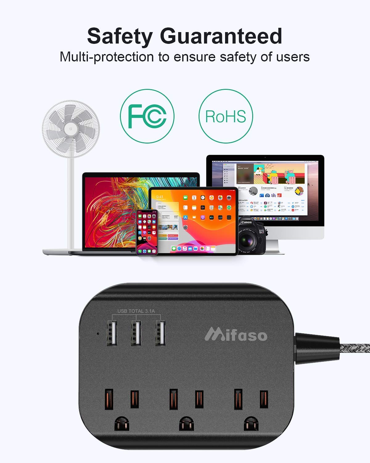 Cruise Ship Essentials - Power Strip with USB, Mountable Flat Plug Power Strip with 3 Outlets 3 USB Ports(Smart 3.1A), 5ft Braided Extension Cord, Compact for Cruise Ship, Travel, Home, Dorm