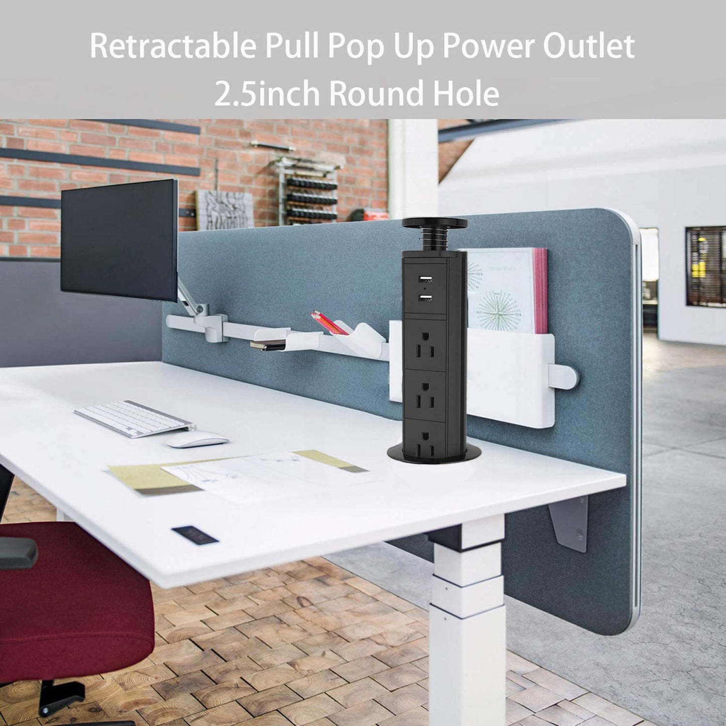 Pop Up Outlet for Kitchen Countertop,2.5" Hole Size Grommet Power Pop Out Outlet with USB,Pulling Pop Up Socket for Home,Office Worktop,Telescoping Power Solution,6ft Power Cord(Black)