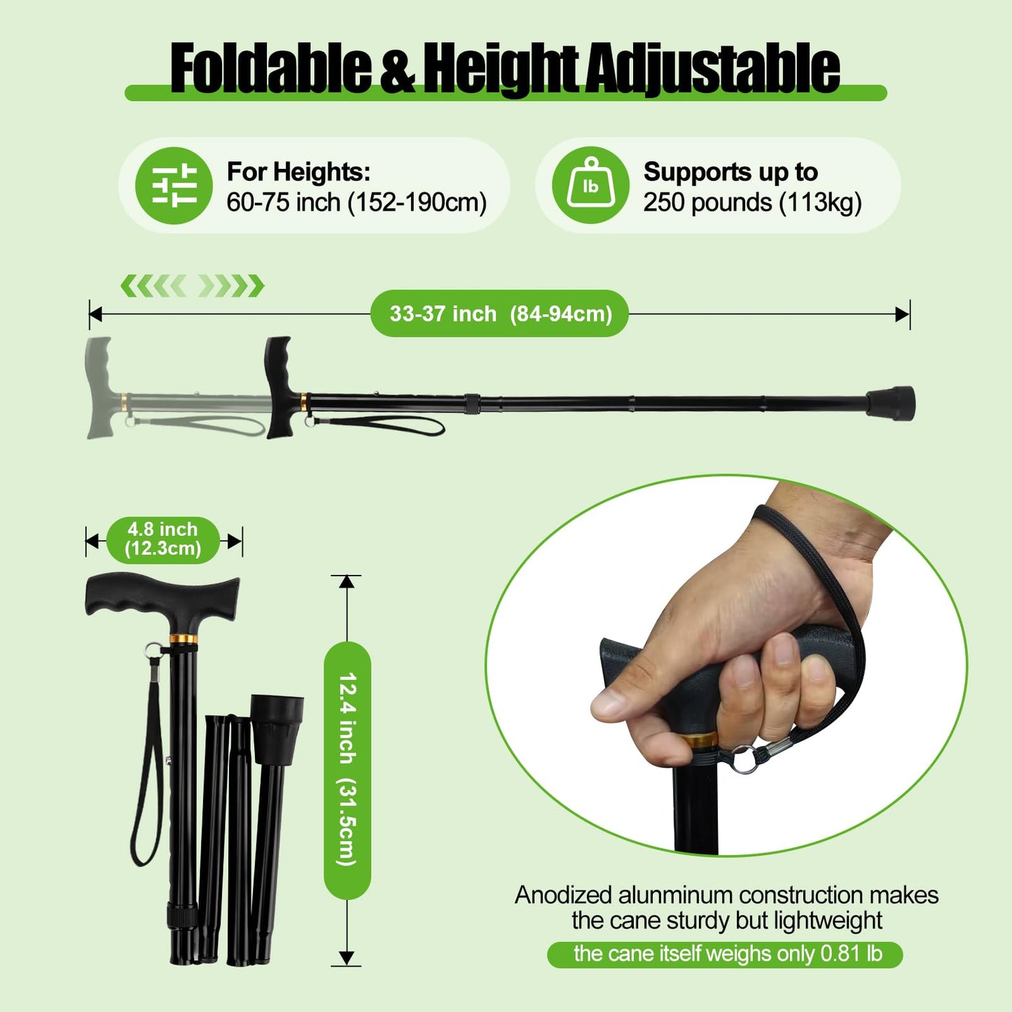Ez2care Walking Stick- Adjustable Lightweight Walking Cane, Collapsible Portable Mobility Aids for Seniors, Adults, Disabled, Elderly, Foldable Travel Walking Stick for Men and Women(Black)