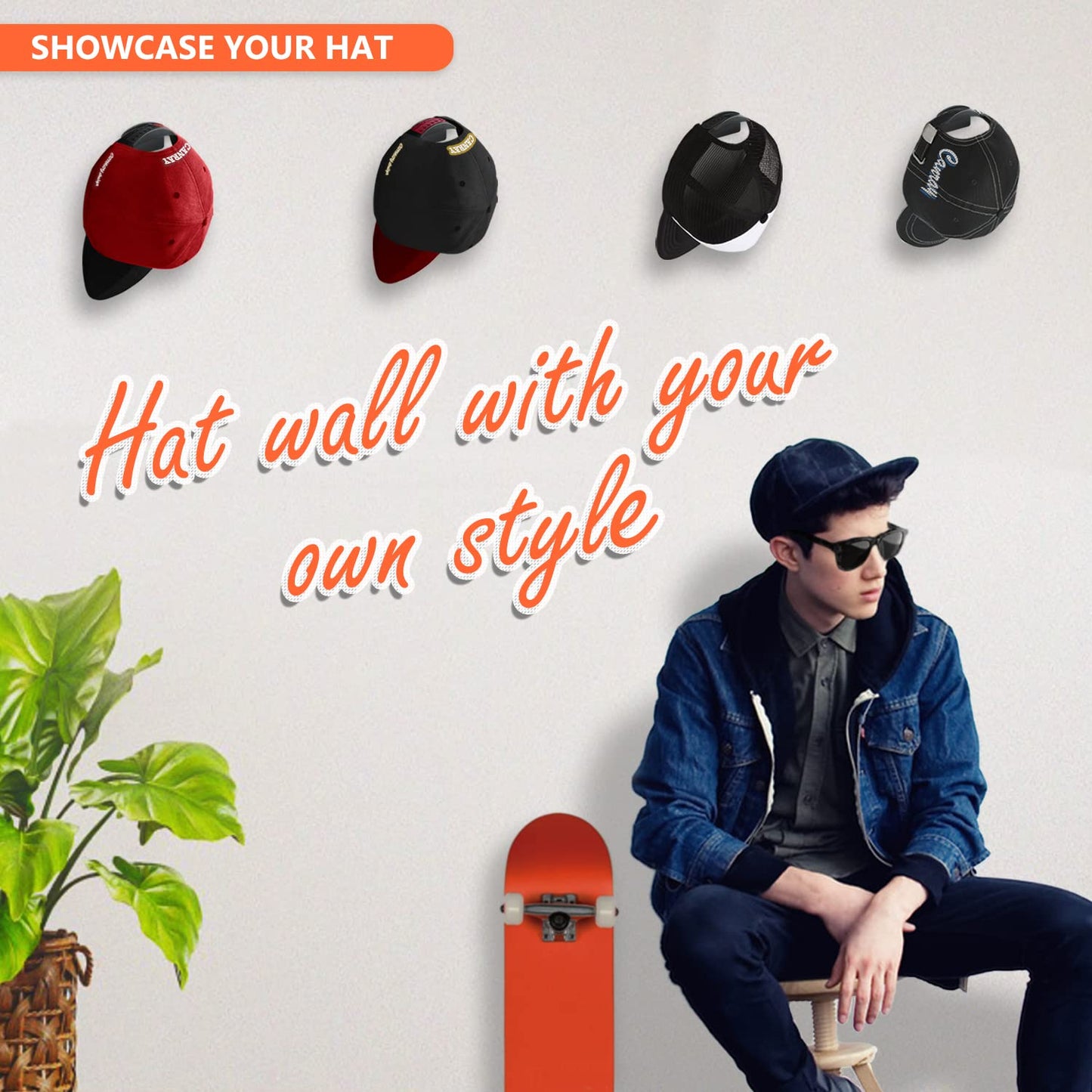 CANRAY Adhesive Hat Hooks for Baseball Caps Cap Holder for Wall Mount, Hat Rack Organizer | No Drilling | Stick On | 10-Pack (Black)