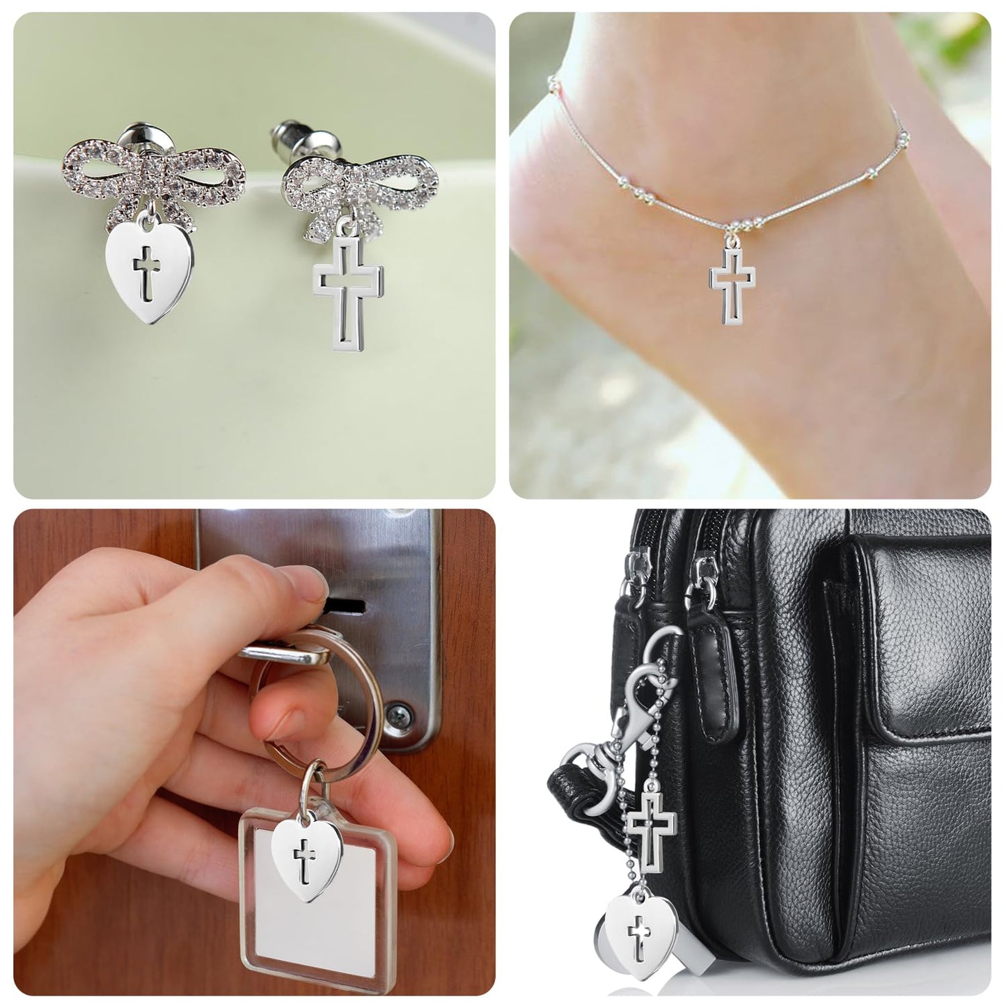 BENBO 100Pcs Silver Religious Charms Mini Cross Charms Heart Shaped Religious Charms Mini Metal Christian Charms with Box for DIY Bracelet Necklace Earrings Jewelry Making, 2 Styles
