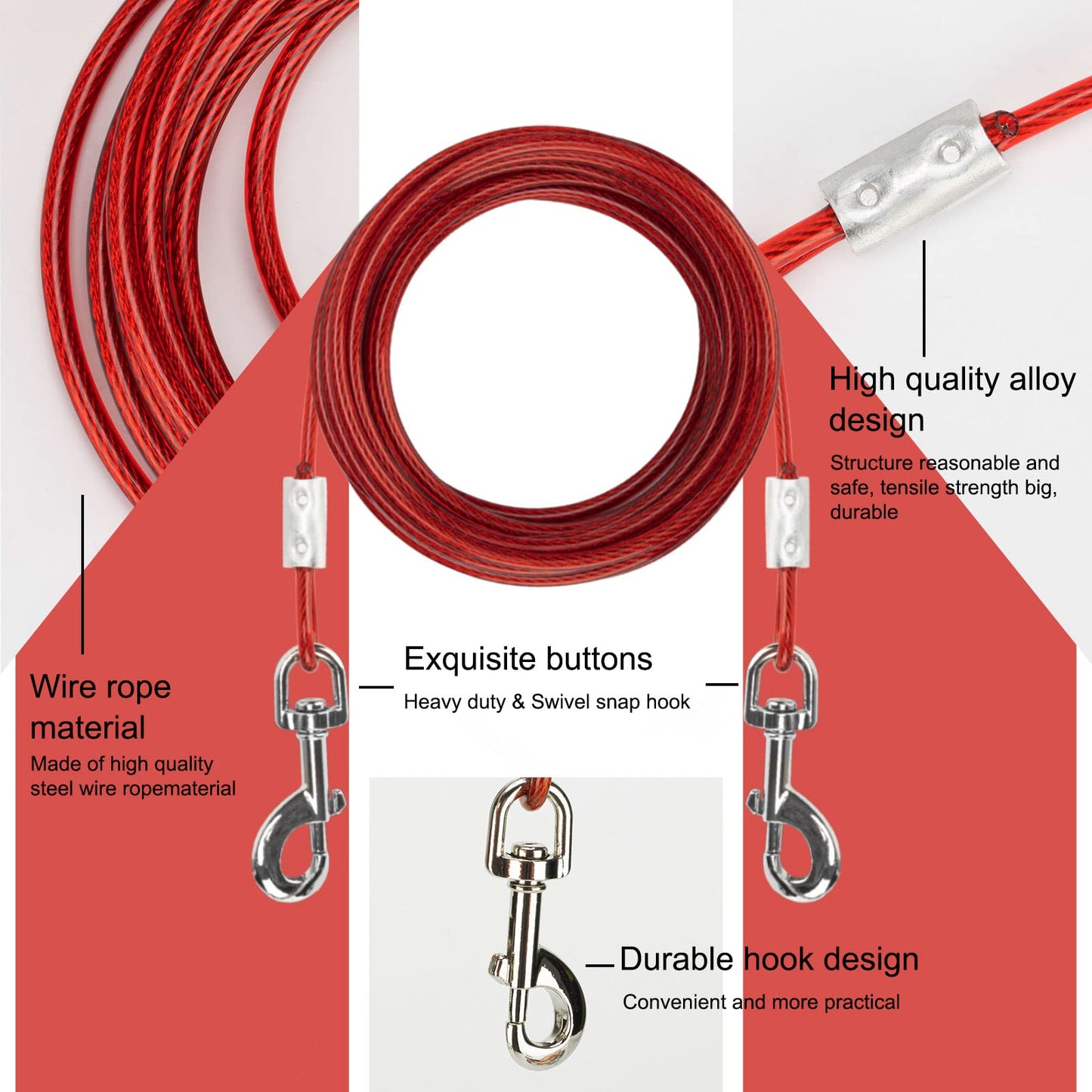 Darkyazi Dog Stake Tie Out Cable and Reflective Stake 16 ft Outdoor, Yard and Camping, for Medium to Large Dogs Up to 125 lbs (16ft Cable, 18" Stake, Red)