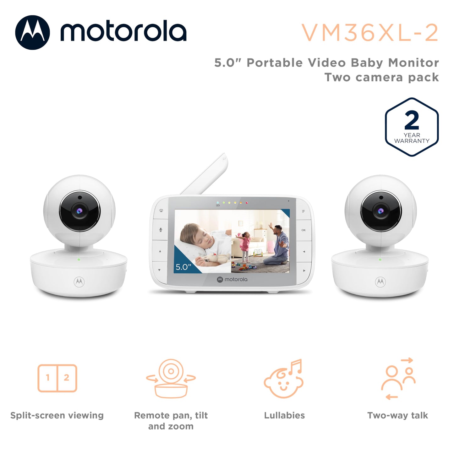 Motorola Baby Monitor VM36XL - Indoor Video with 2 Cameras, 480x272p, 1000ft Range, 2.4 GHz Wireless 5" Split Screen, 2-Way Audio, Remote Pan, Tilt, Zoom, Room Temp, Lullabies, Night Vision