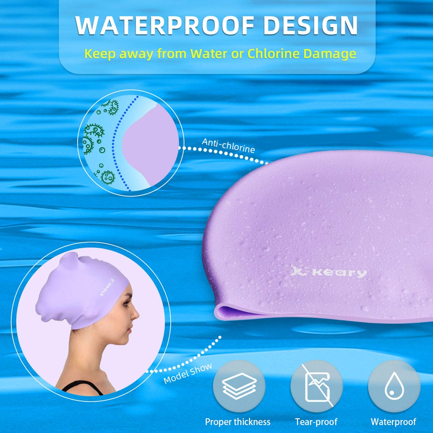 Keary 2 Pack Silicone Swim Cap for Long Hair Women Girls Waterproof Pool Swimming Cap Cover Ears to Keep Your Hair Dry, 3D Ergonomic Stretchable Durable and Anti-Slip, Easy to Put On and Off