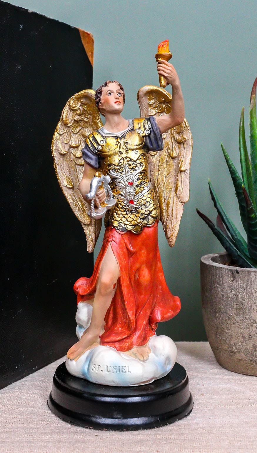 Ebros Catholic Church Archangel Saint Uriel with Holy Spirit Torch Statue with Brass Plated Title Wood Base 5.75" Tall Christian Devotional Altar Sculpture