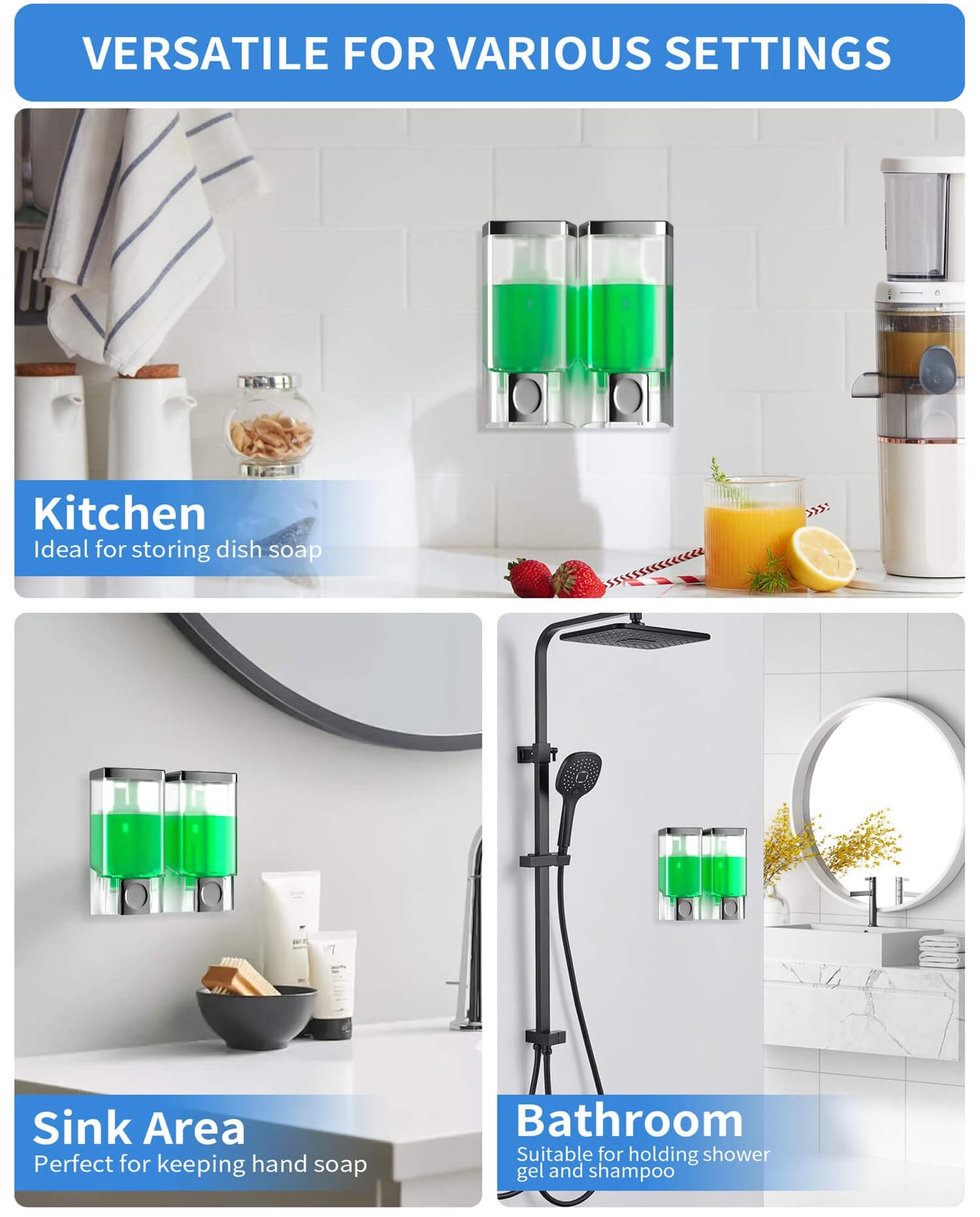 EADAS-ELBOW Shampoo and Conditioner Dispenser wall Mount, 2*8.9FL.OZ Shower Soap Dispenser wall Mounted Transparent Shampoo Dispenser for Shower, Shower Dispenser Soap Organizer, Body Wash Dispenser