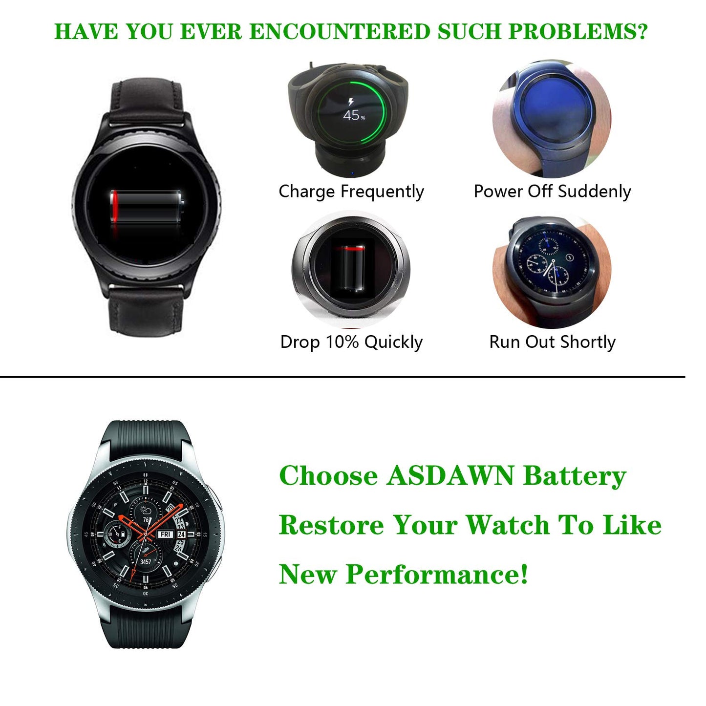 ASDAWN Battery Replacement for Samsung Galaxy Watch/Galaxy Gear S4 46mm SM-R800 SM-R805 EB-BR800ABU with Repair Tool Parts + Installation Instruction