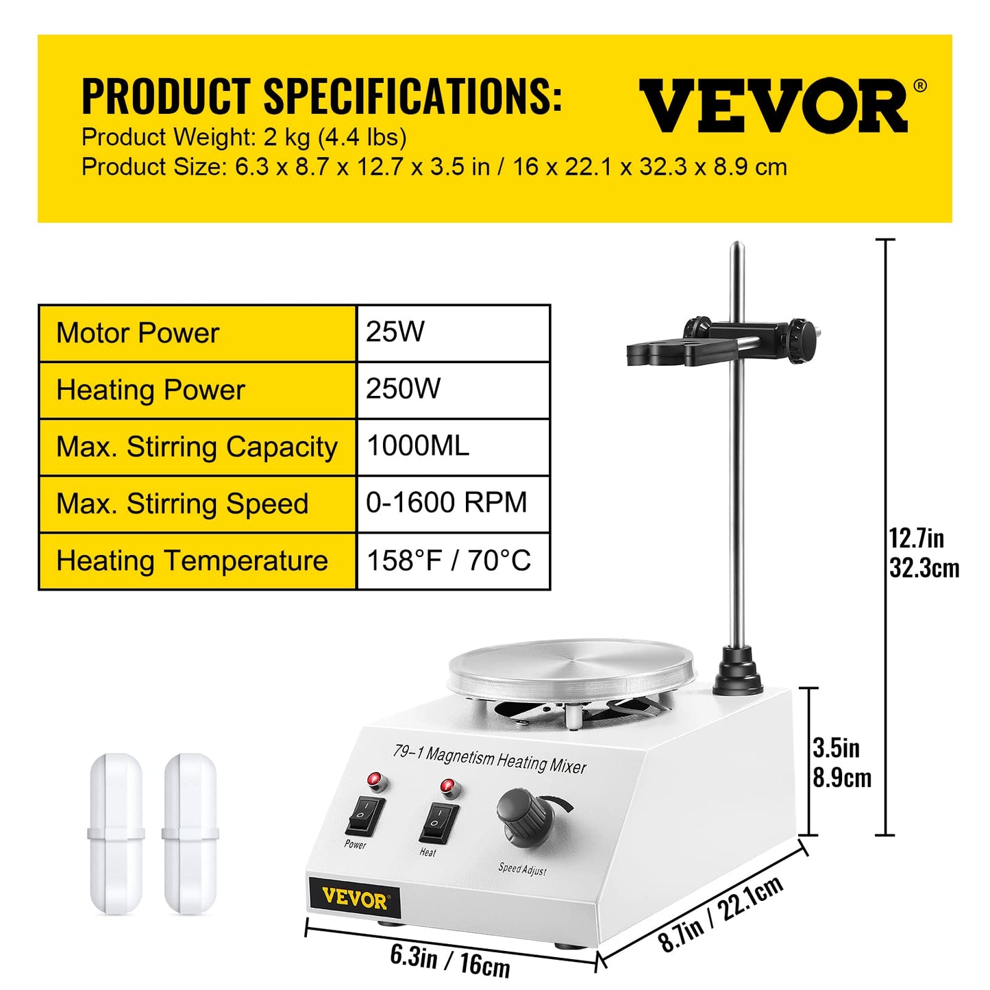 Happybuy Magnetic Stirrer 250W 158℉/70℃ Heating Hot Plate with Magnetic Stirrer 0-1600 RPM Adjustable 1000ML Lab Magnetic Stirrer Mixer with Stand Support, Stirring Bar
