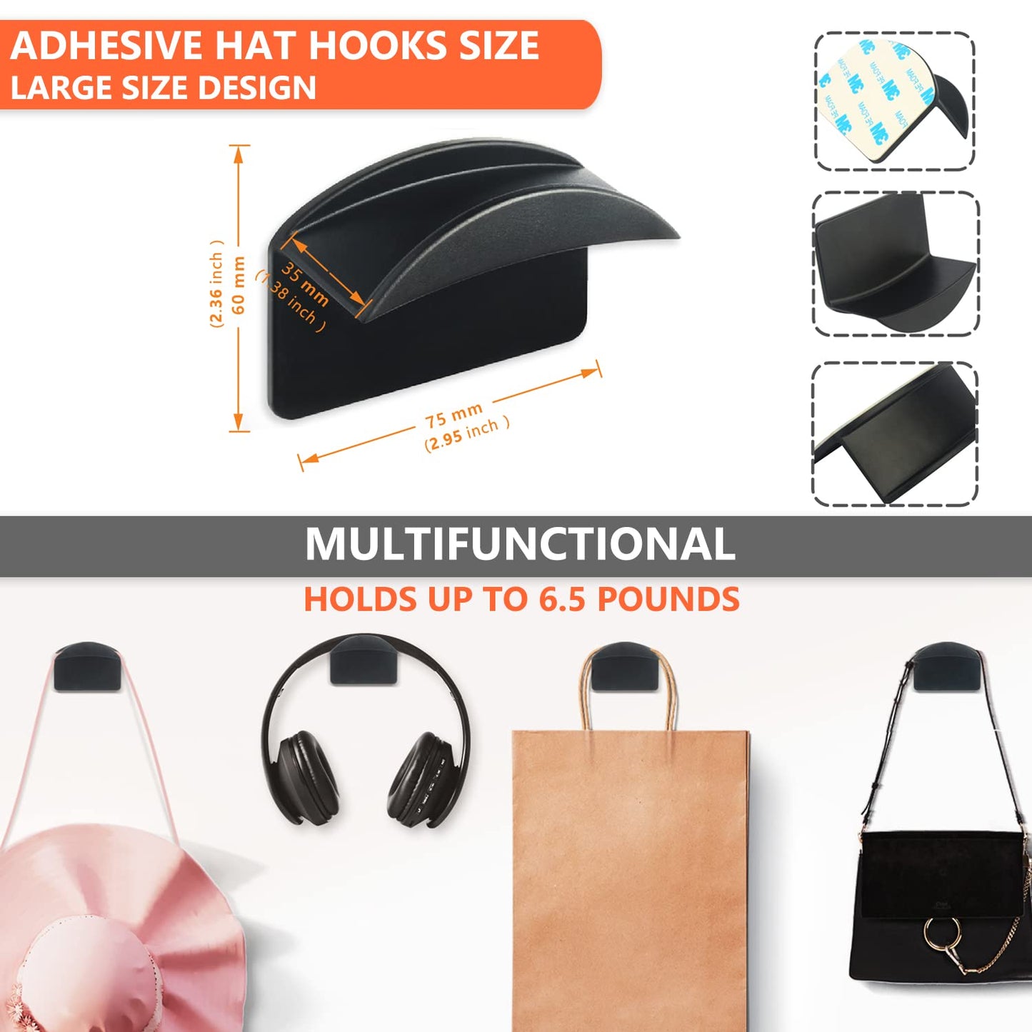 CANRAY Adhesive Hat Hooks for Baseball Caps Cap Holder for Wall Mount, Hat Rack Organizer | No Drilling | Stick On | 10-Pack (Black)