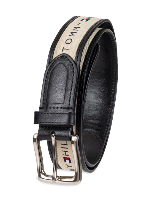 Tommy Hilfiger Men's Ribbon Inlay Belt - Ribbon Fabric Design with Single Prong Buckle, black/natural, 30