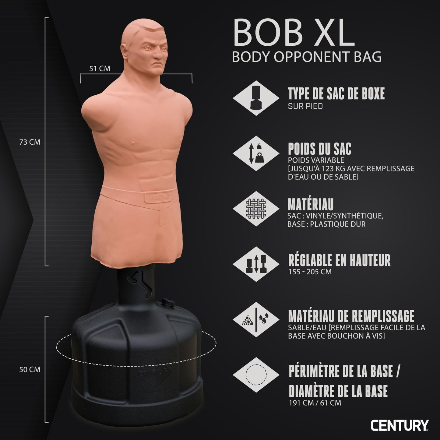 Century BOB XL with Base Unit | Body Opponet Bag | Mannequin Bag, Martial Artists, Fitness Pros, Athletes Training | Extended Torso | Tactical & Self-Defense Training