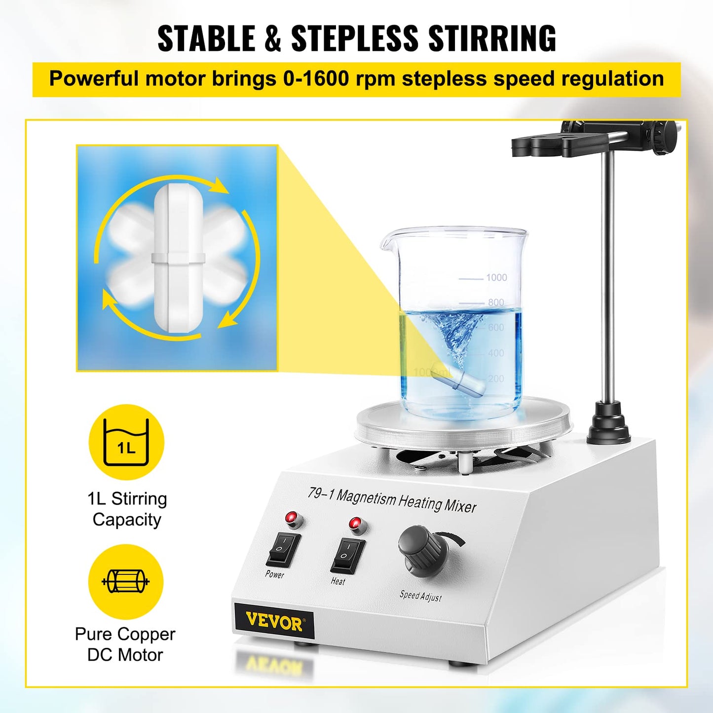 Happybuy Magnetic Stirrer 250W 158℉/70℃ Heating Hot Plate with Magnetic Stirrer 0-1600 RPM Adjustable 1000ML Lab Magnetic Stirrer Mixer with Stand Support, Stirring Bar