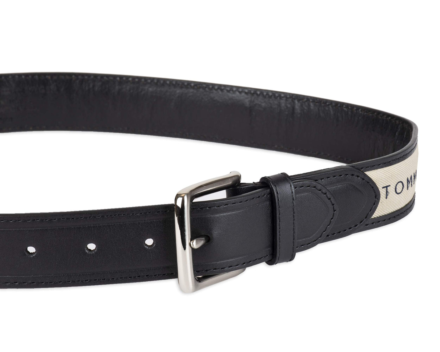 Tommy Hilfiger Men's Ribbon Inlay Belt - Ribbon Fabric Design with Single Prong Buckle, black/natural, 30