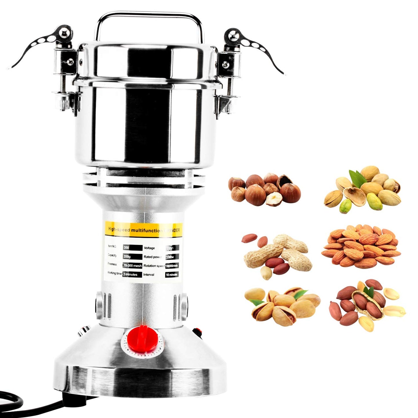 Homend High Speed 350g Electric Grain Mill Grinder Powder Machine Spice Herb Grinder 1500W 70-300 Mesh 28000RPM Stainless Steel Commercial Grade for Kitchen Herb Spice Pepper Coffee (350g)