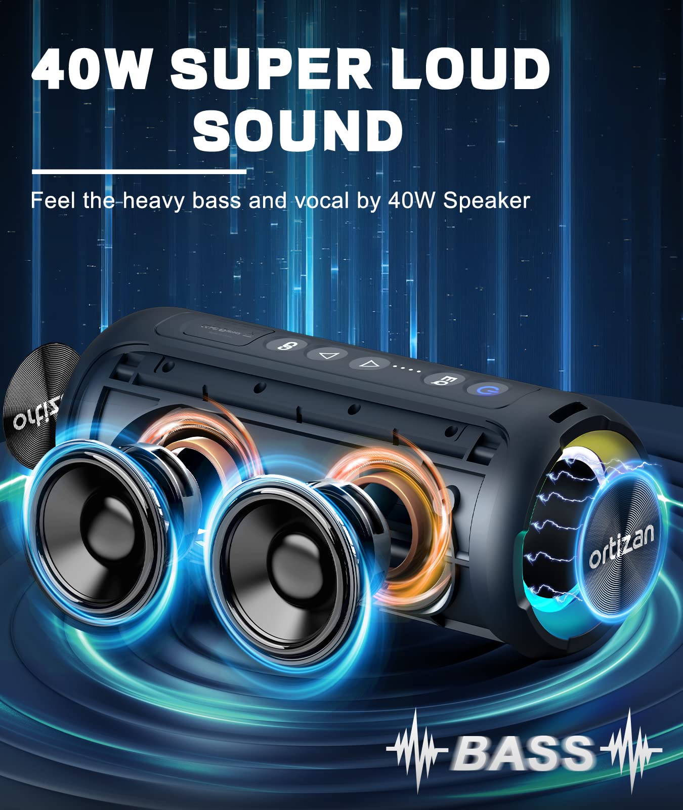 Ortizan Bluetooth Speakers, 40W Loud Portable Wireless Speaker, IPX7 Waterproof Shower Speakers with Bluetooth 5.3, Deep Bass, LED Lights, Stereo Pairing for Home/Party/Outdoor/Beach, Gift Ideas