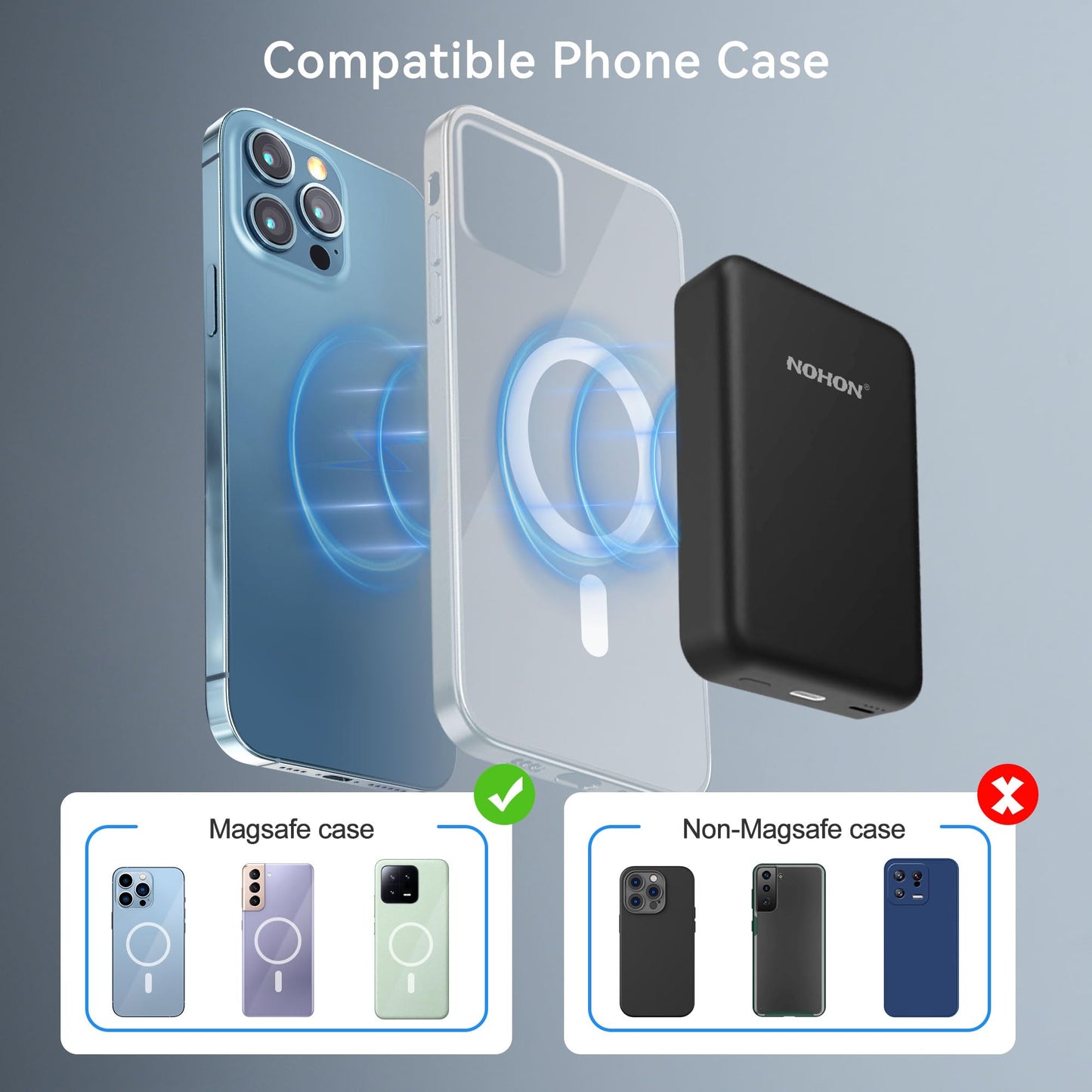 NOHON Wireless Charger Portable Mag-Safe-Battery Pack: 10000mAh Power Bank PD 20W Fast Charging with USB-C Cable, External Powerbank for Mag-Safe, for iPhone 15 14 13 12 Mini Pro Pro Max (Black)