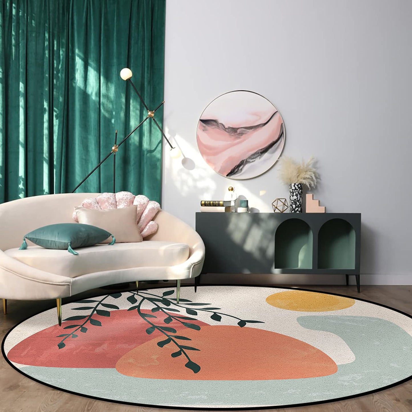YOKOU Round Indoor Area Rugs, Modern Art Abstract Mountains and Sun Leaves Boho Art Mid-Century Anti-Skid Soft Cozy Accent Area Rug for Living Room Bedroom Nursery Porch Decor, 5 ft