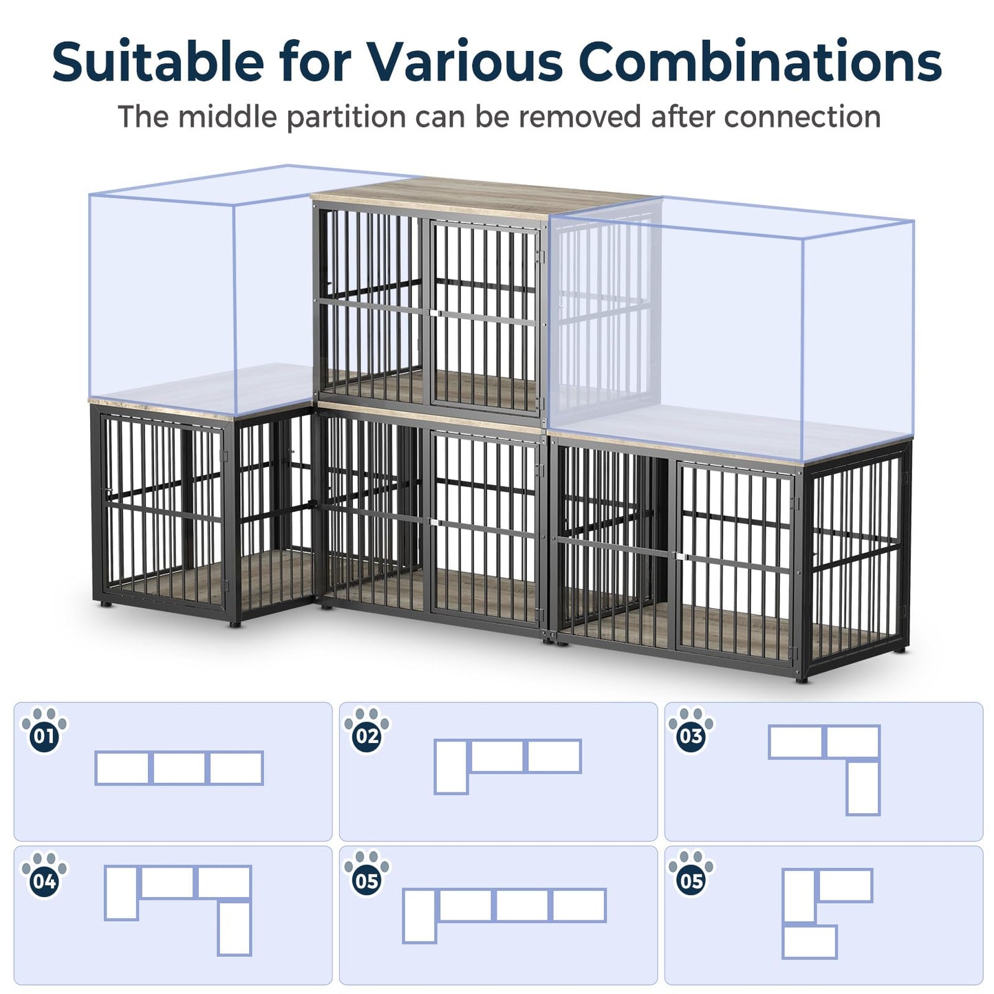 Lyromix 86.62''Dog Crate Furniture Large Breed TV Stand with Double Rooms,Wooden Dog Kennel Dog Crate End Table with Removable Divider for 2 Large Medium Dogs, Can Use Separately