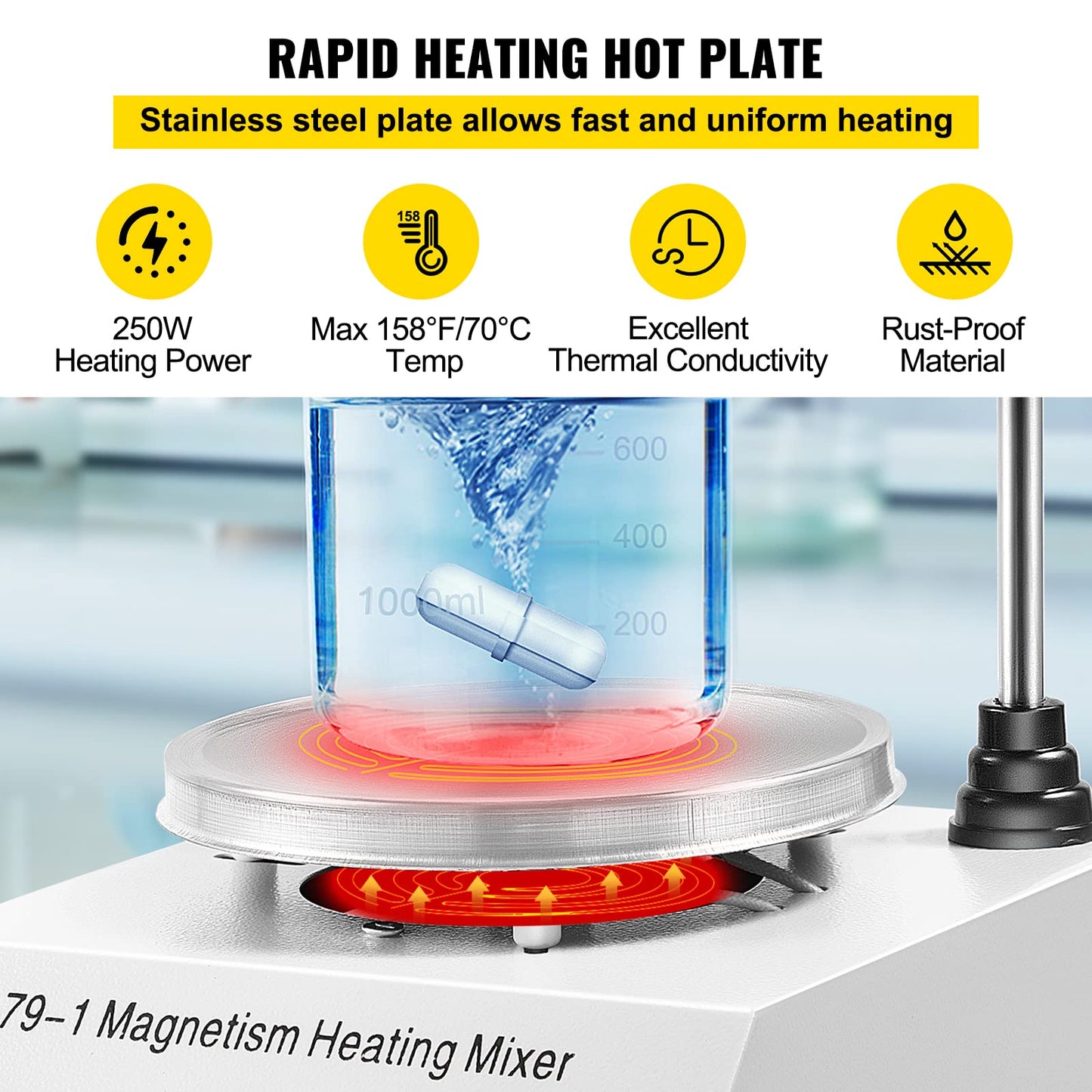 Happybuy Magnetic Stirrer 250W 158℉/70℃ Heating Hot Plate with Magnetic Stirrer 0-1600 RPM Adjustable 1000ML Lab Magnetic Stirrer Mixer with Stand Support, Stirring Bar