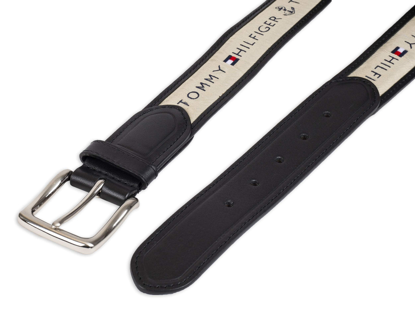 Tommy Hilfiger Men's Ribbon Inlay Belt - Ribbon Fabric Design with Single Prong Buckle, black/natural, 30