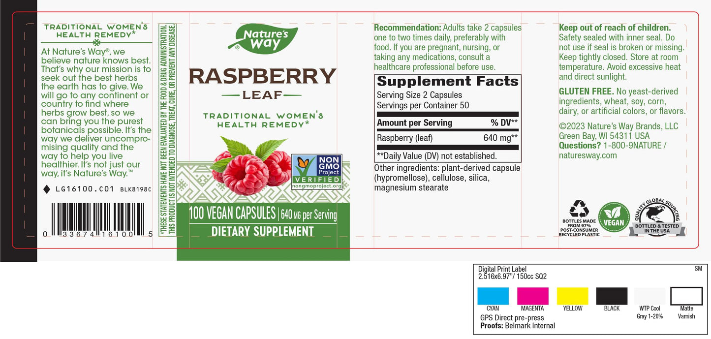 Nature's Way Raspberry Leaf - 640 mg per 2-capsule Serving - Traditional Support for Women's Health* - Herbal Supplement for Women - Gluten Free - 100 Vegan Capsules