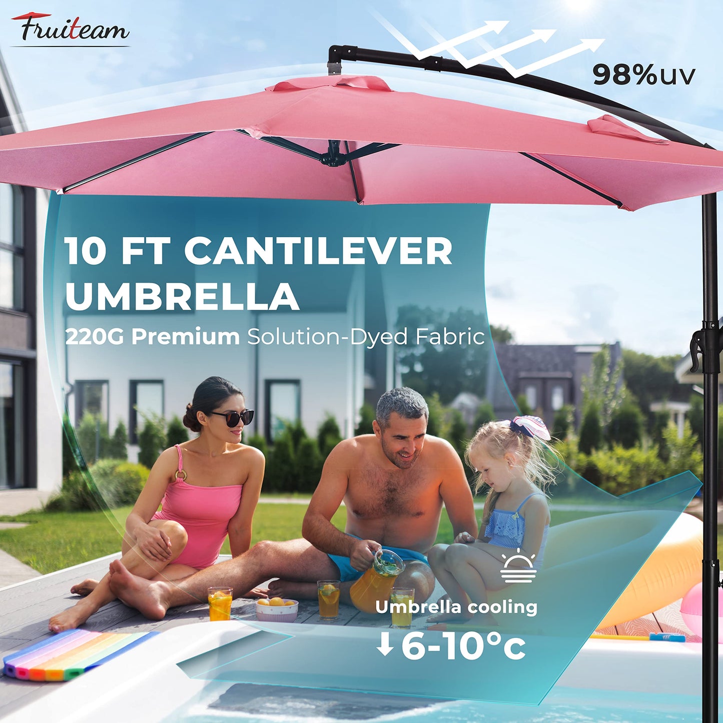 FRUITEAM 10FT Patio Offset Umbrella Cantilever Umbrella, Large Hanging Market Umbrella with Crank & Cross Bar, Waterproof UV Protection Outdoor Umbrella with Ventilation for Backyard, Garden