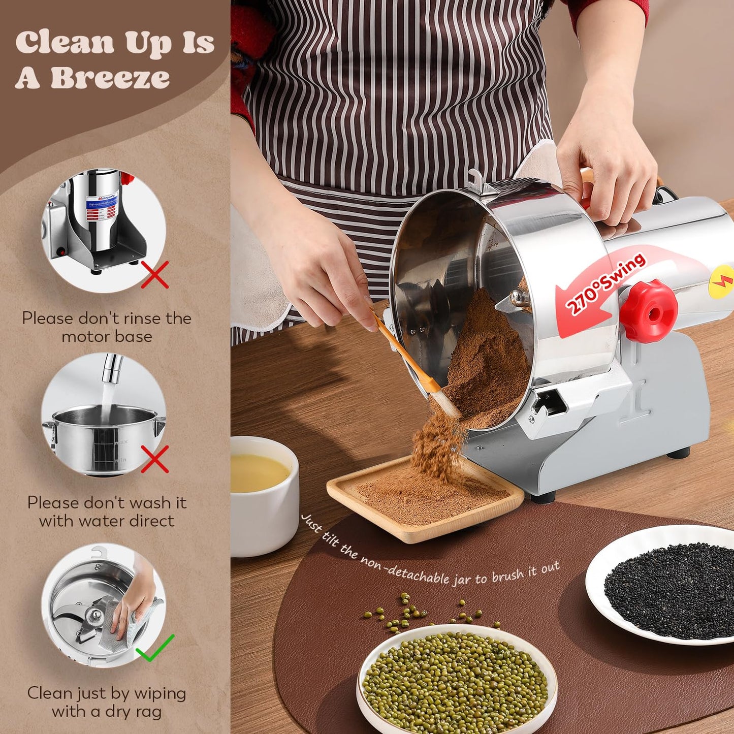 Moongiantgo 2500g Grain Mill Grinder Commercial Spice Grinder 3600W Stainless Steel Electric Pulverizer Dry Grinding Machine for Wheat Corn Rice Pepper Herbs Coffee Beans (2500g Swing, 110V)