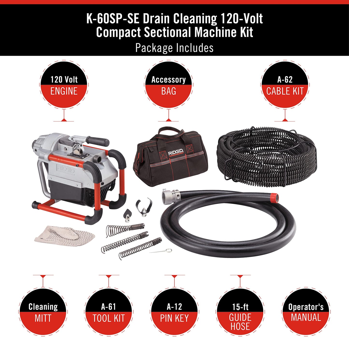 RIDGID 66497 K-60SP-SE Sectional Machine, Sectional Sewer Machine with A-61 Auger Tool Kit and A-62 Drain Cable Kit, Drain Cleaner Machine