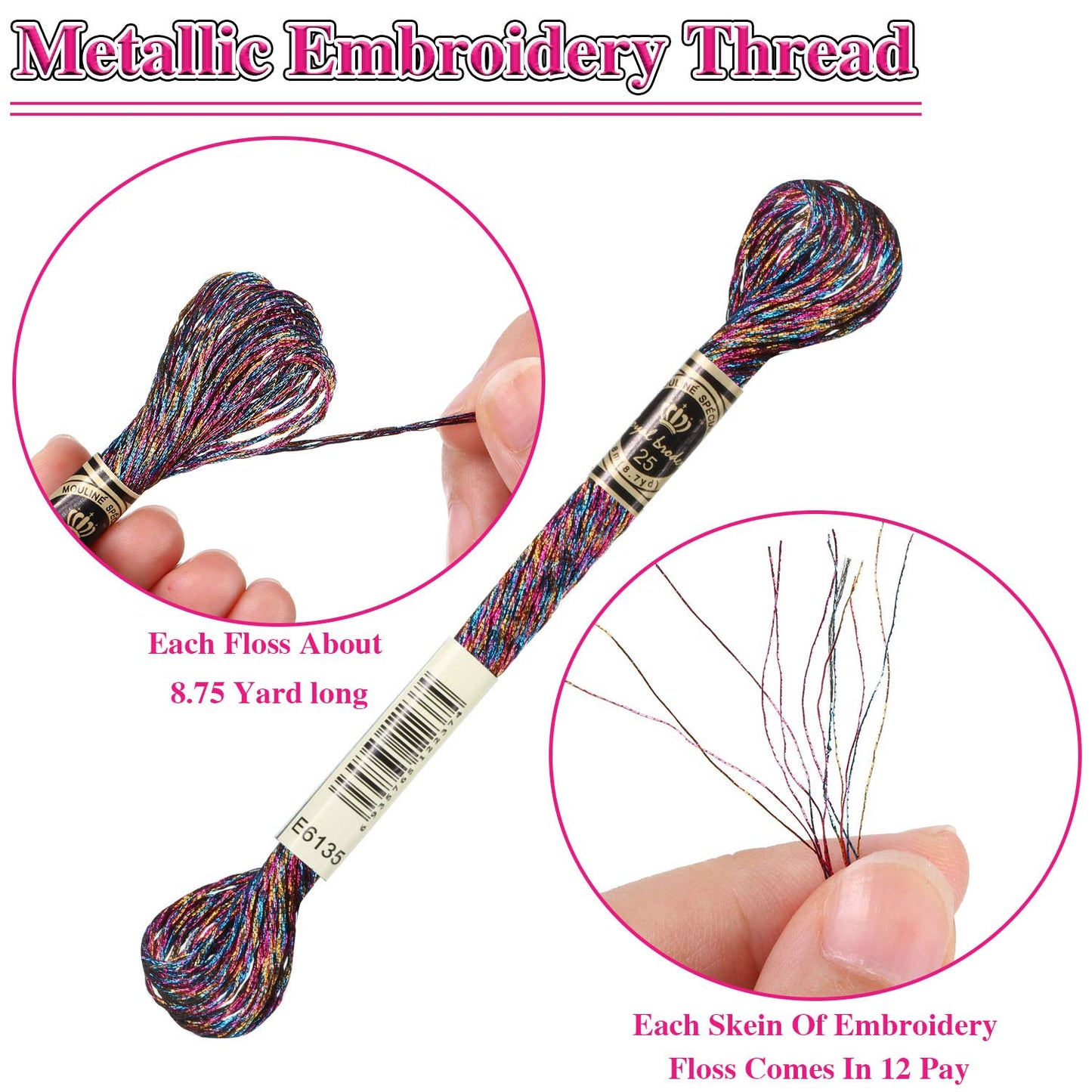 24 Pieces Metallic Embroidery Floss Multicolor Embroidery Skein Threads Glitter Embroidery Thread Cross Stitch Polyester Thread for Friendship