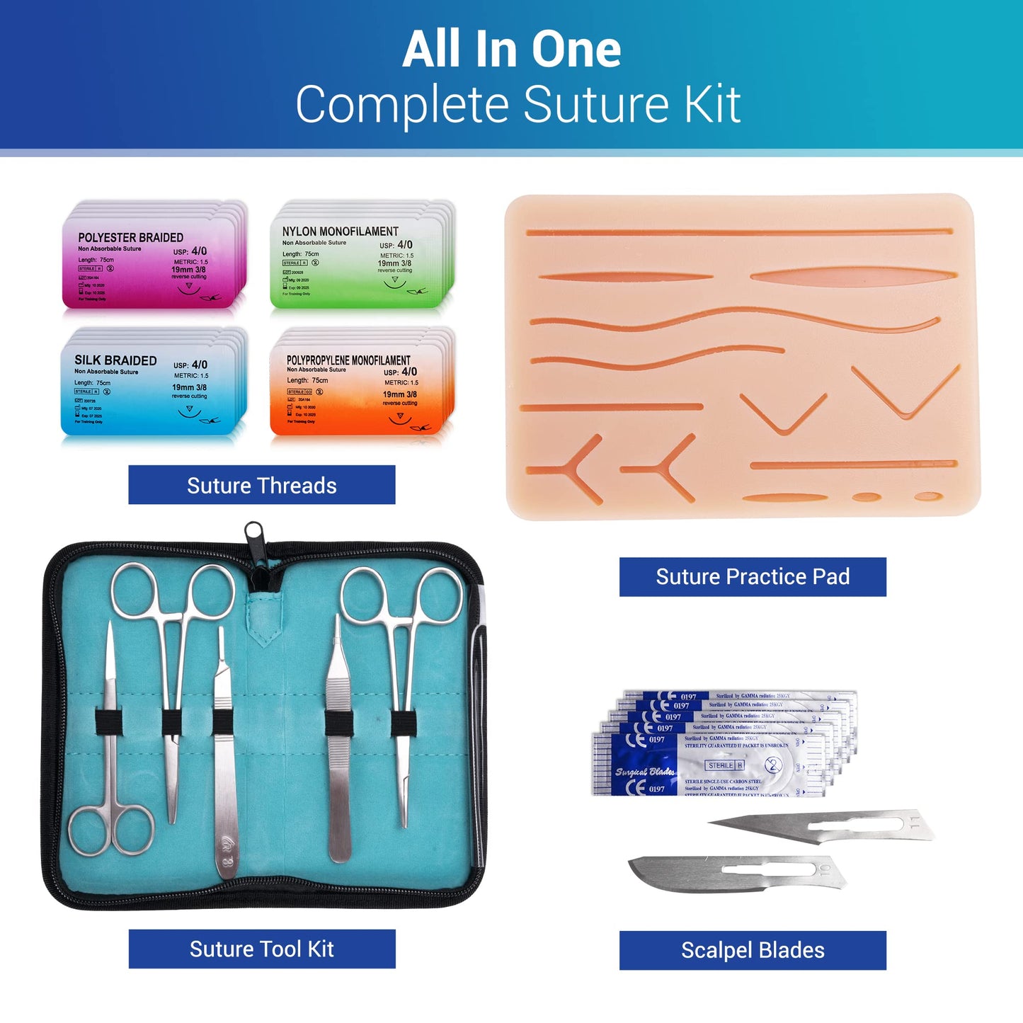 Alcedo Suture Practice Kit for Medical Students | Complete Kit (32 Pieces) Include Durable Large Suturing Pad with Pre-Cut Wounds, Tools Kit, and Suture Threads | Perfect for Practice, Demonstration