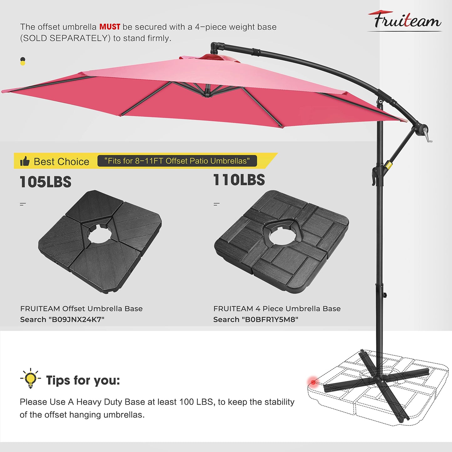 FRUITEAM 10FT Patio Offset Umbrella Cantilever Umbrella, Large Hanging Market Umbrella with Crank & Cross Bar, Waterproof UV Protection Outdoor Umbrella with Ventilation for Backyard, Garden