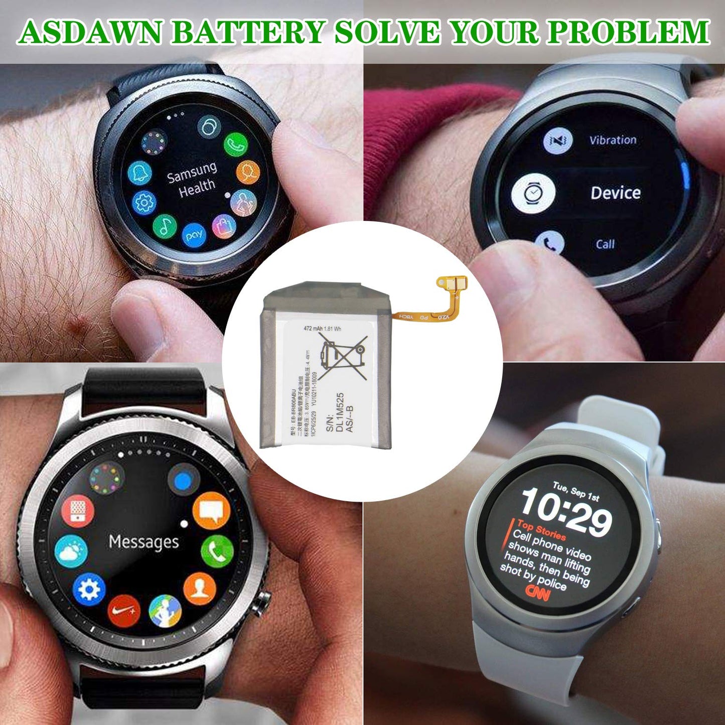 ASDAWN Battery Replacement for Samsung Galaxy Watch/Galaxy Gear S4 46mm SM-R800 SM-R805 EB-BR800ABU with Repair Tool Parts + Installation Instruction