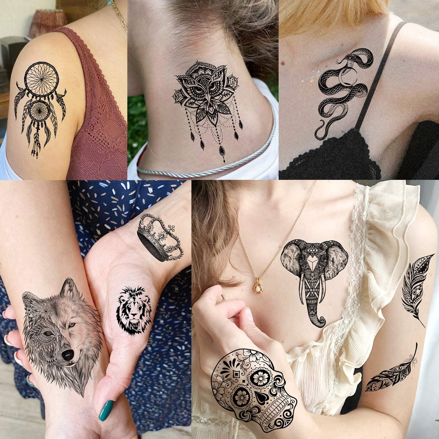 30 Sheets Black Lotus Temporary Tattoos for Women Adults Girls Arm, Vintage Tribal Elephant Wolf Snake Turtle Fake Tattoo Sticker Mandala Flower
