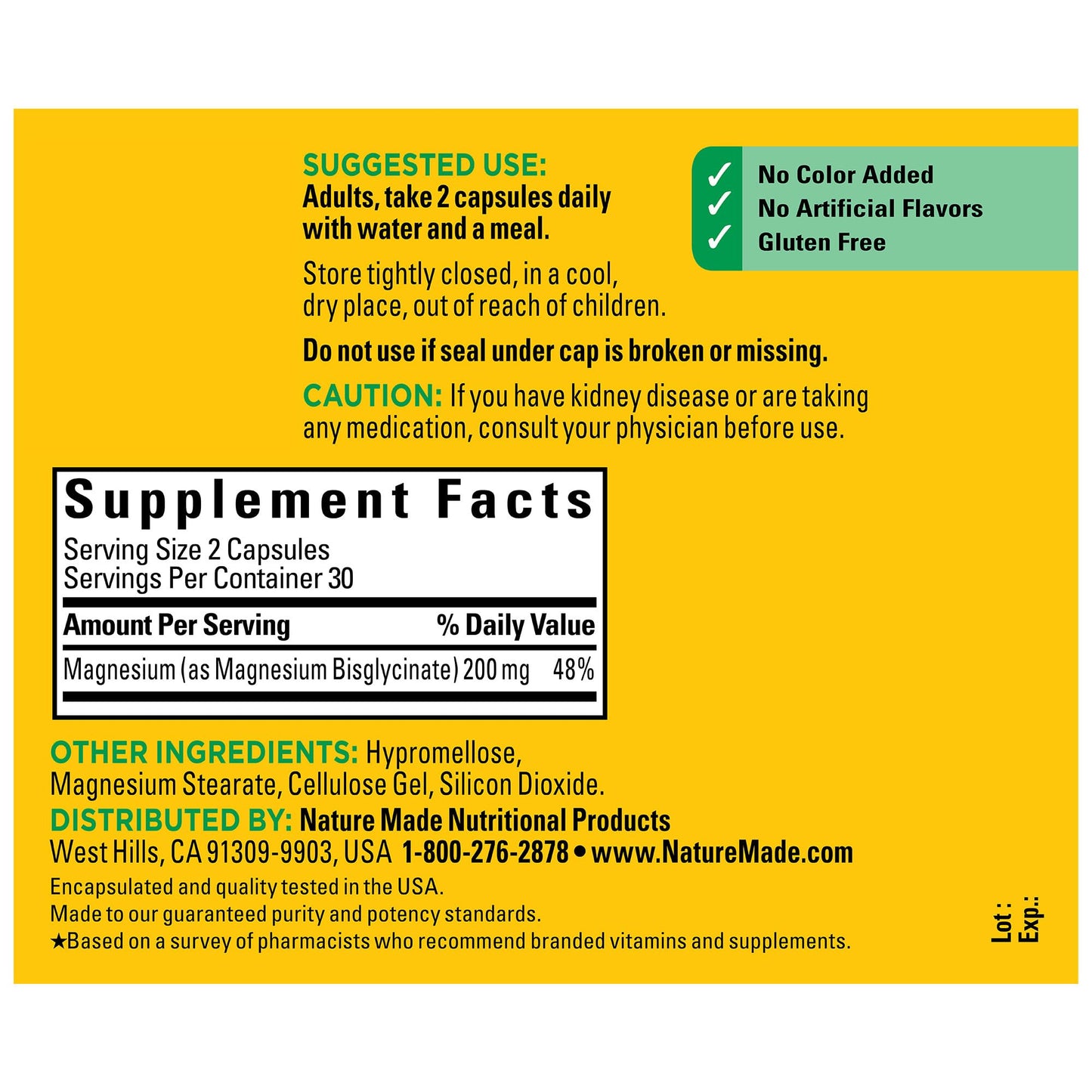 Nature Made Magnesium Glycinate 200 mg per Serving, Magnesium Supplement for Muscle, Heart, Nerve and Bone Support, 60 Magnesium Bisglycinate Capsules, 30 Day Supply