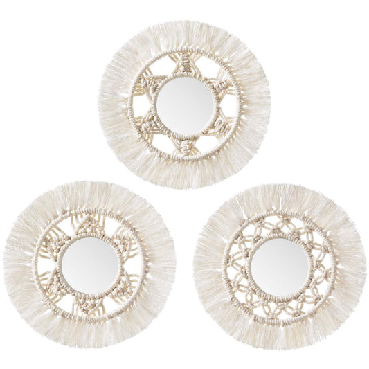 Mkono Mini Round Wall Mirror with Macrame Fringe Set of 3 Small Wall Hanging Circle Mirror Boho Home Decor for Apartment Living Room Bedroom Baby Nursery,Beautiful Gift Ideas, 2.7''D, X-Small