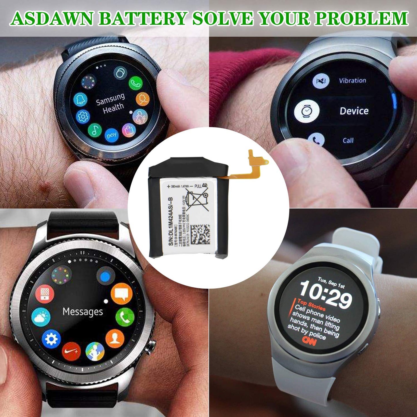 ASDAWN Battery Replacement for Samsung Galaxy Gear S3 Frontier SM-R760/ Gear S3 Classic SM-R770 EB-BR760ABE GH43-04699A BR760 R765 with Repair Tool Parts + Installation Instruction