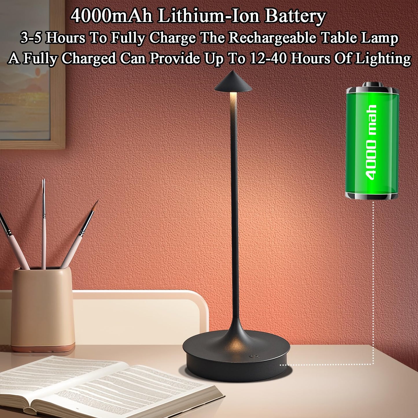LJXiioo Cordless Table Lamps Rechargeable, LED Desk Lamp 4000mAh Battery Operated Outdoor Waterproof Portable Touch Dimmable Table Light for Patio/Restaurant/Bar/Indoor (Black-2PC)