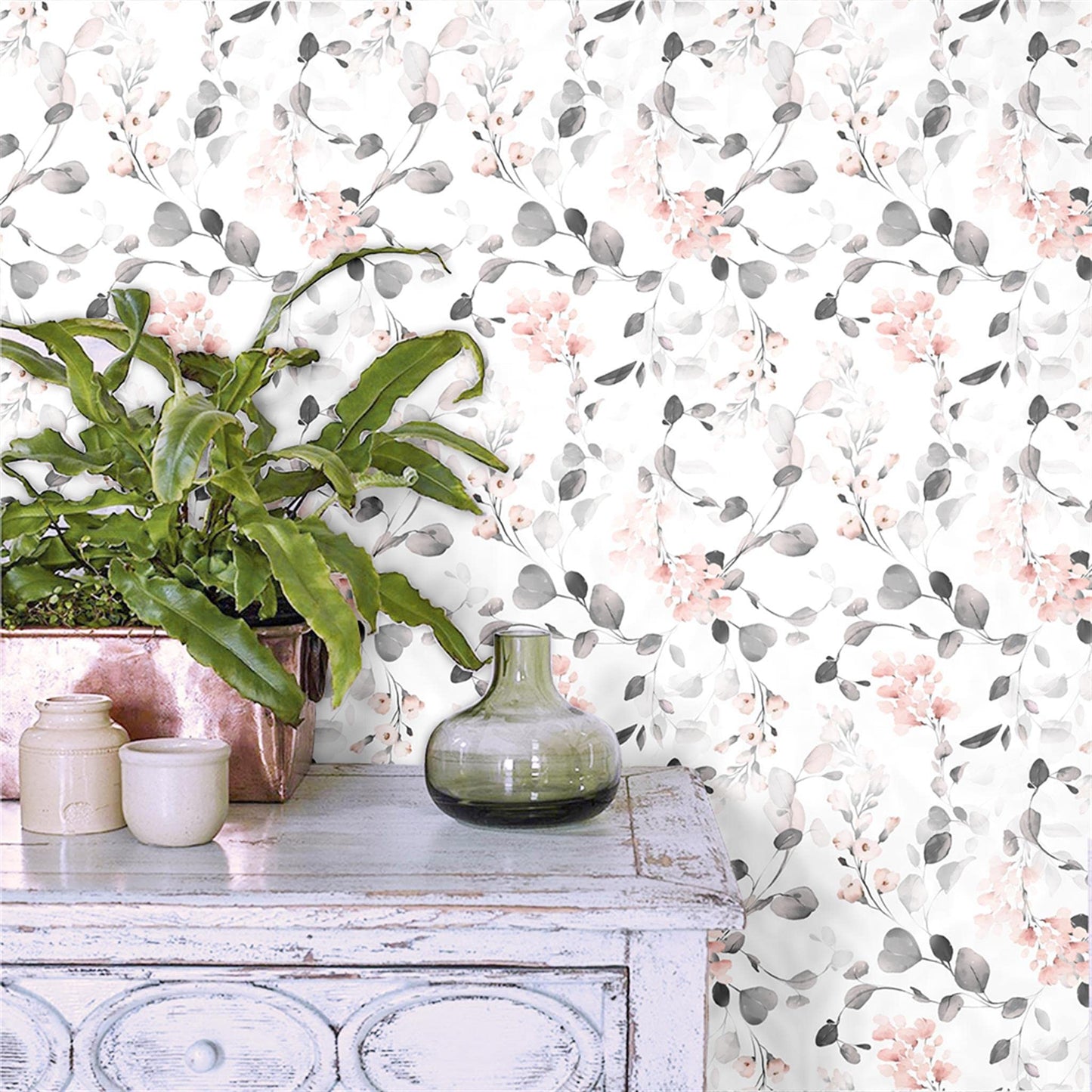Blooming Wall DPY53 Watercolor Boho Fresh Gray Leaves Textured Peel and Stick Wallpaper Self-Adhesive Prepasted Wallpaper