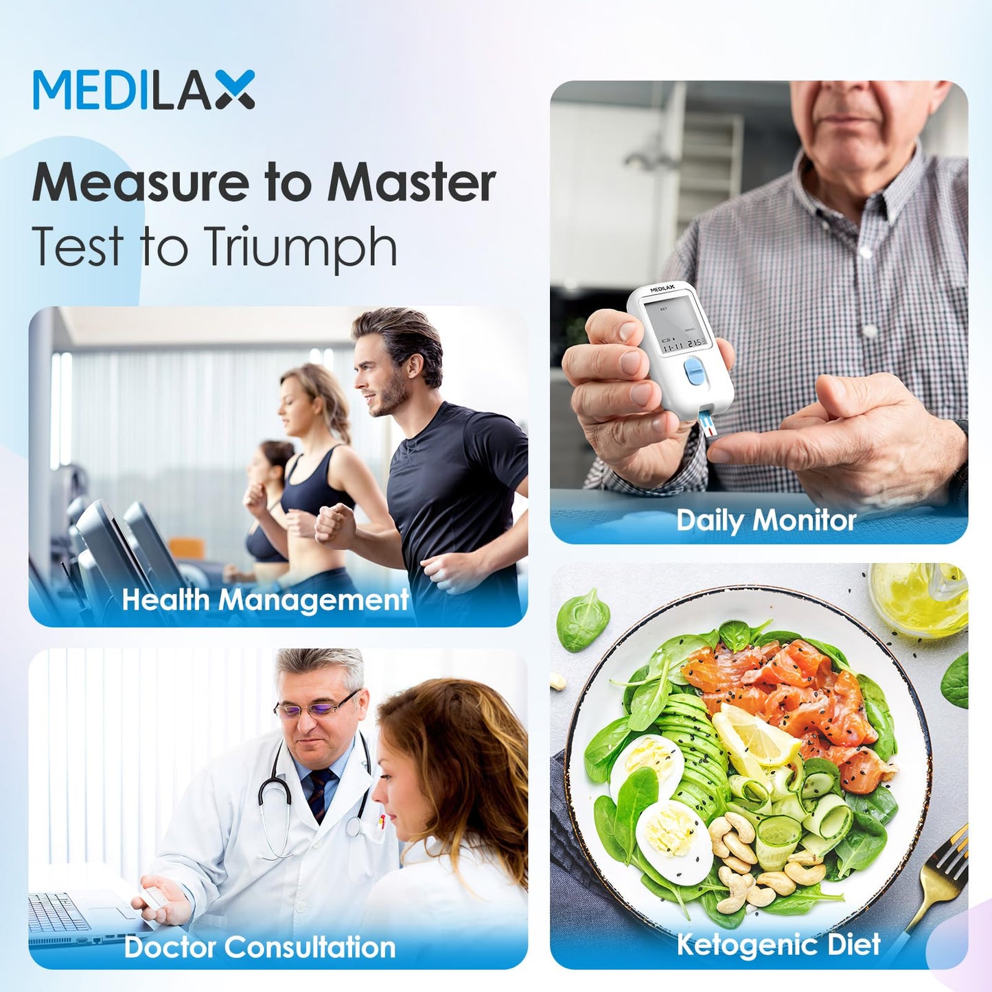 Medilax Ketone Monitor and Glucose Meter Kit - Dual Blood Sugar and Ketone Test Meter Kit with 10 Ketone Test Strips, 10 Glucose Test Strips, Lancets & Lancing Device, Strip Calibration Needed