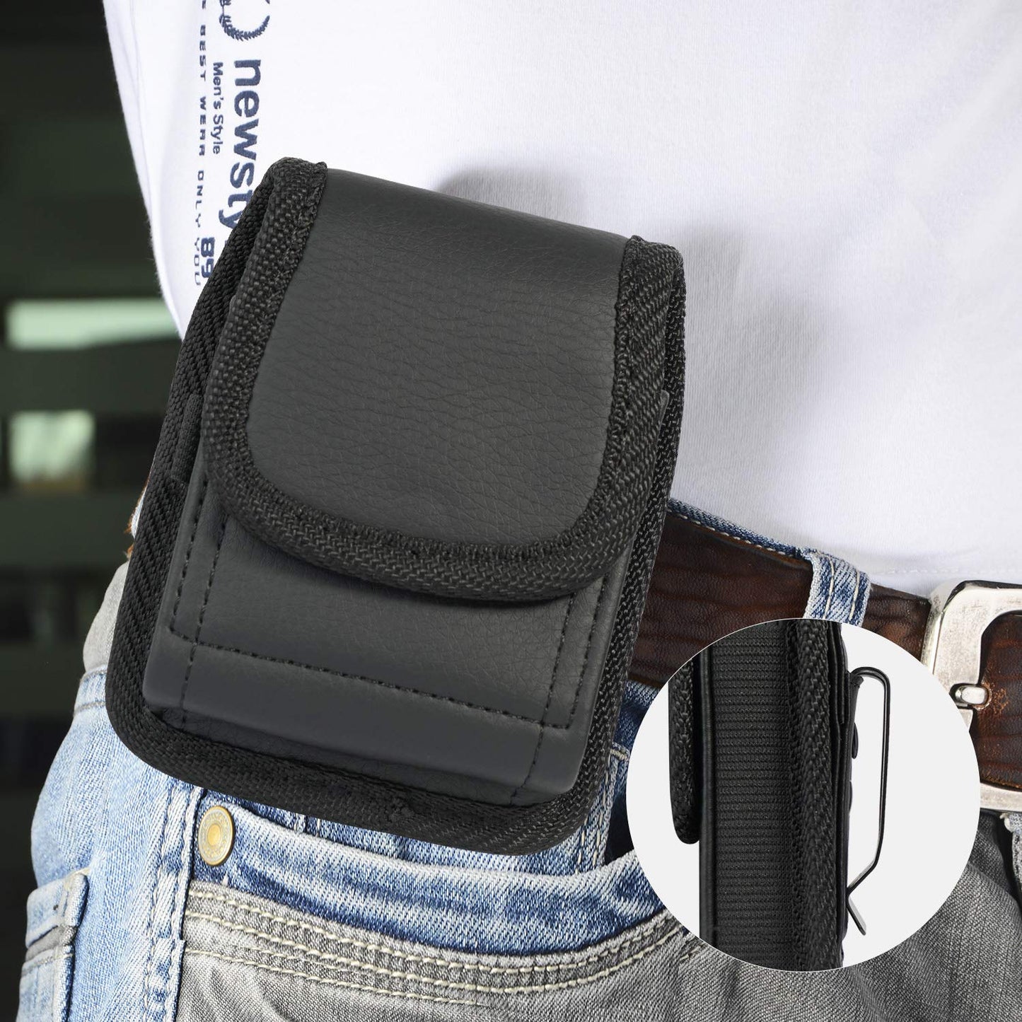 Case for Galaxy Z Flip 6 Phone, Nakedcellphone Black Vegan Leather Vertical Pouch [with Belt Loop, Metal Clip, Magnetic Closure] for Samsung Z Flip 5, Z Flip4, Z Flip3 (2024/2023/2022/2021/2020)
