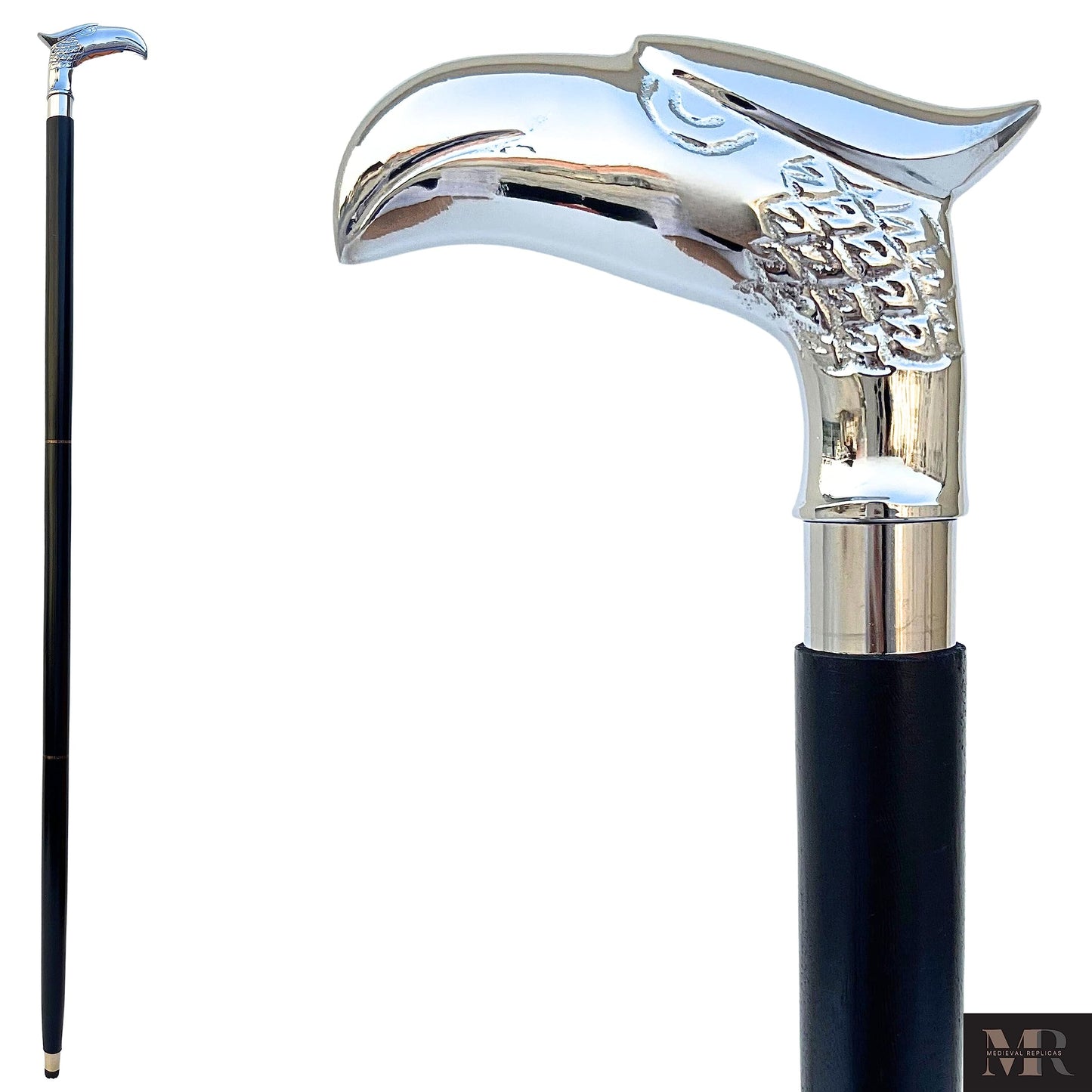 Medieval Replicas Wooden 37" Decorative Walking Cane Walking Stick Premium Quality Rare Eagle Head Decorative Prop with Nickel Plated Brass Handle (Symbol of Power and Strength) Unique Gifts