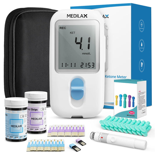 Medilax Ketone Monitor and Glucose Meter Kit - Dual Blood Sugar and Ketone Test Meter Kit with 10 Ketone Test Strips, 10 Glucose Test Strips, Lancets & Lancing Device, Strip Calibration Needed